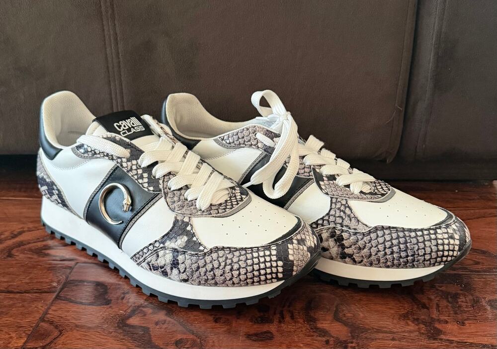 $795 Cavalli Class Men’s Sneakers 13(46) White Black Python Print Leather NIB